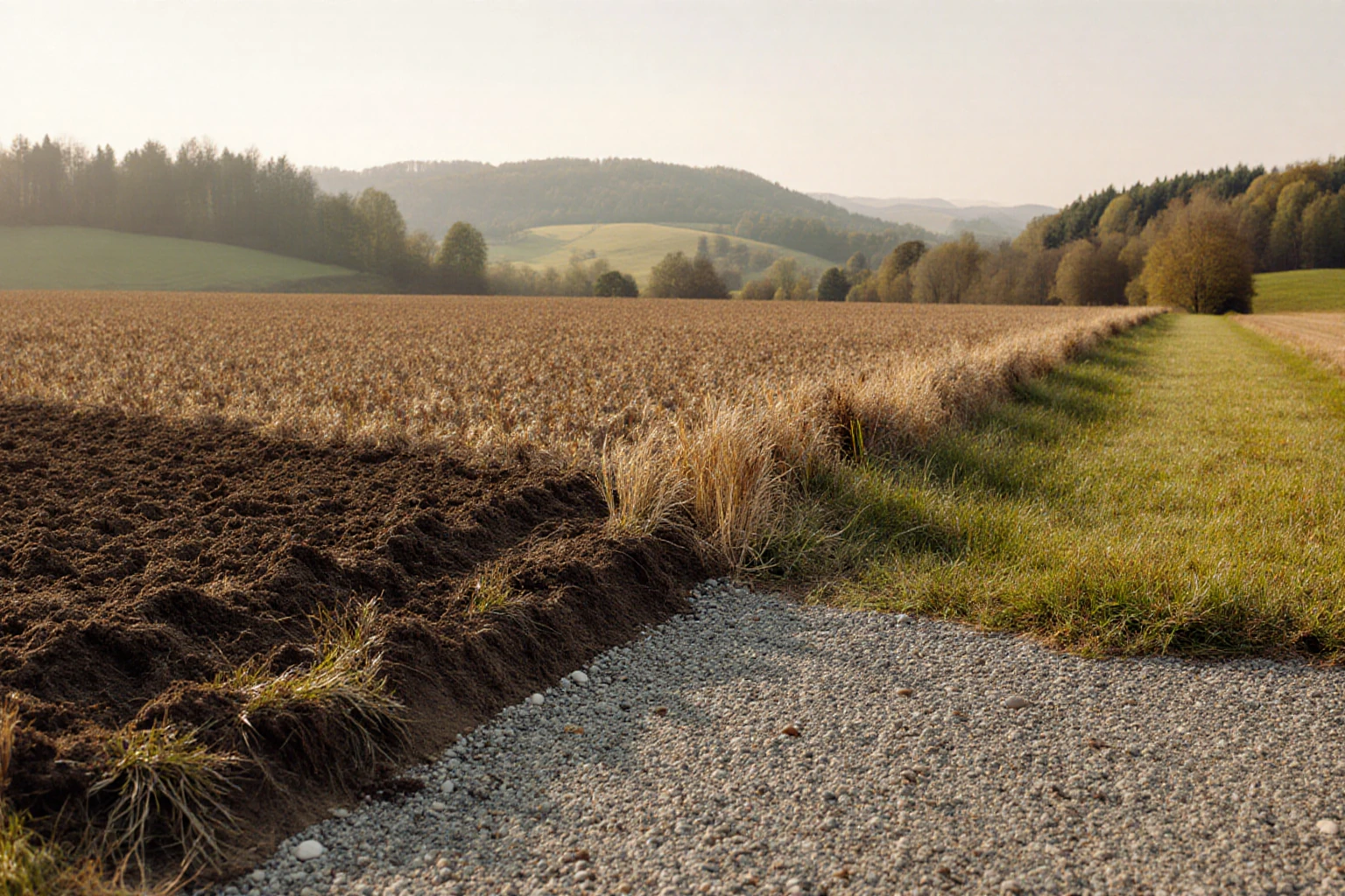 Zusammenhängende Ackerflächen neben einem Feldweg